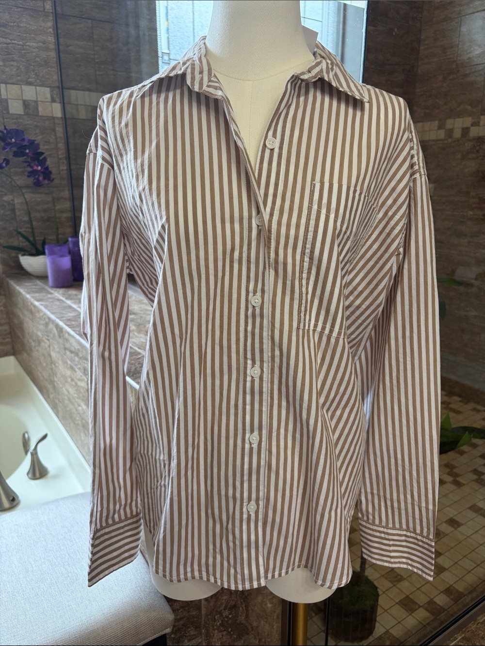American Eagle Outfitters Beige and White Striped Button-Down Shirt